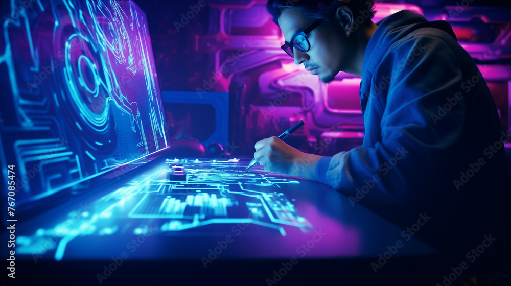 Art, painter using laser as a brush, digital art style, inspired by cyberpunk aesthetics, vibrant colour scheme, energetic and futuristic mood, intricate details of laser light interacting with canvas Art, painter using laser as a brush, digital art style, inspired by cyberpunk aesthetics, vibrant colour scheme, energetic and futuristic mood, intricate details of laser light interacting with canvas