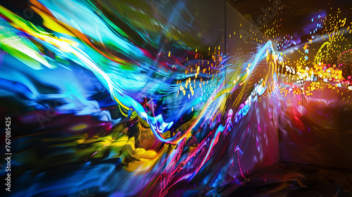 Abstract artist incorporating laser light into painting performance, dynamic colours, contrast between sharp laser lines and fluid paint strokes.