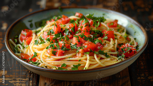 Plate of spaghetti with tomato sauce and fresh herbs on a rustic wooden table.