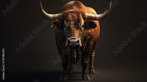 Here is a description that could be used for the image:  A brown bull with long horns stands in front of a black background. photo
