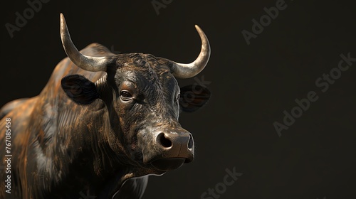 Close-up of a bull's head. The bull is black with a white patch on its forehead. Its horns are long and curved.