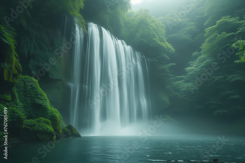 A serene waterfall scene in the jungle