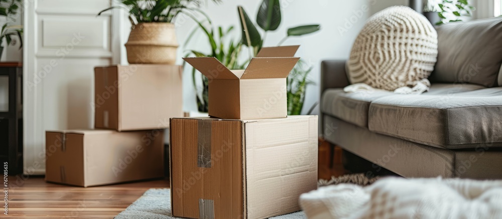 Moving Day with Packed Cardboard Boxes in Fresh Apartment