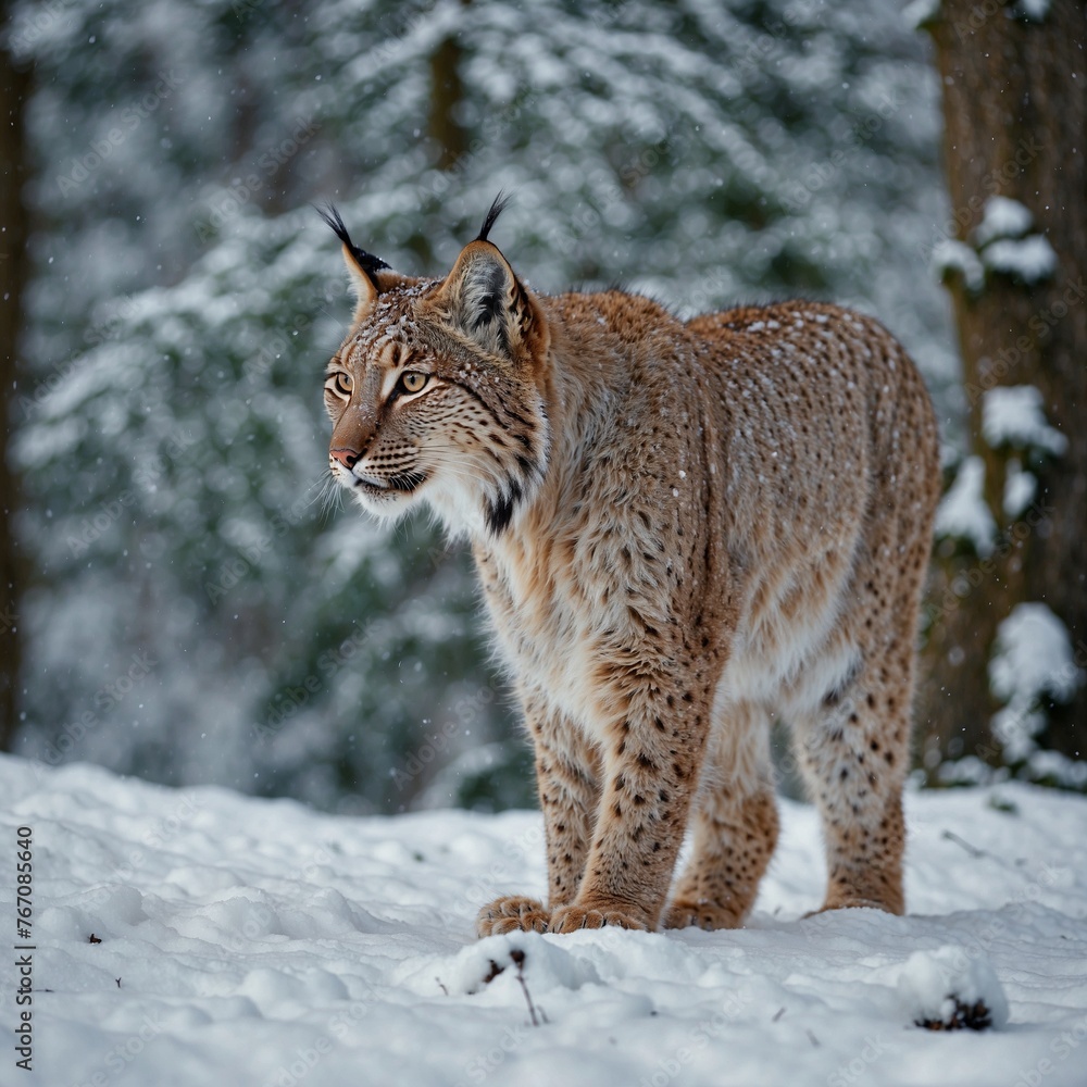Fototapeta premium Snow nature. Lynx face walk. Winter wildlife in Europe. Lynx in the snow, snowy forest in February. Wildlife scene from nature, Slovakia. Winter wildlife in Europe.