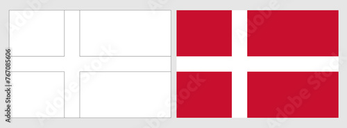 Denmark flag - coloring page. Set of white wireframe thin black outline flag and original colored flag.