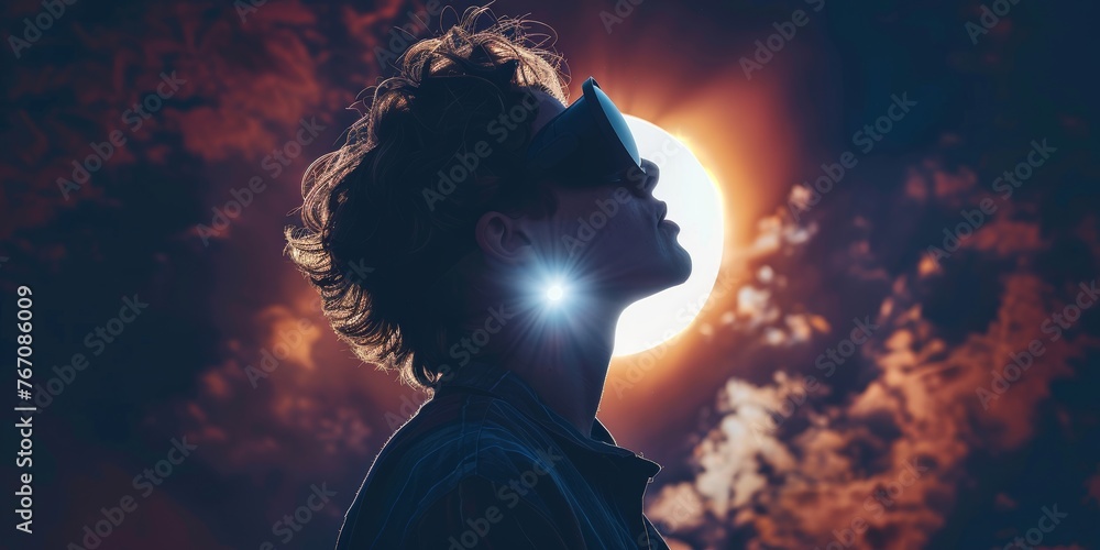 photograph showing a person viewing an eclipse with awe and excitement. The person is wearing protective glasses designed for eclipse viewing. The background features a darkened sky - obrazy, fototapety, plakaty 
