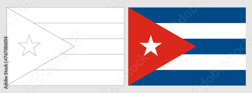 Cuba flag - coloring page. Set of white wireframe thin black outline flag and original colored flag.
