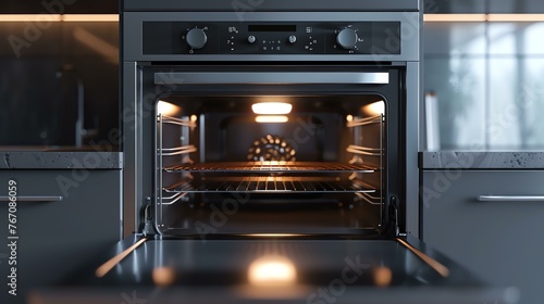 The image is of a modern oven with a black exterior and a stainless steel interior. The oven is open and empty, with the light on.