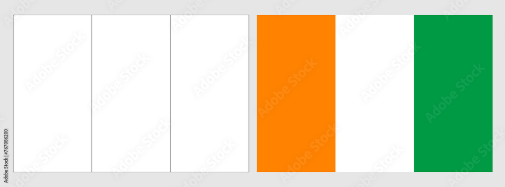 Cote d Ivoire flag - coloring page. Set of white wireframe thin black outline flag and original colored flag.
