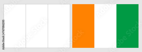 Cote d Ivoire flag - coloring page. Set of white wireframe thin black outline flag and original colored flag.