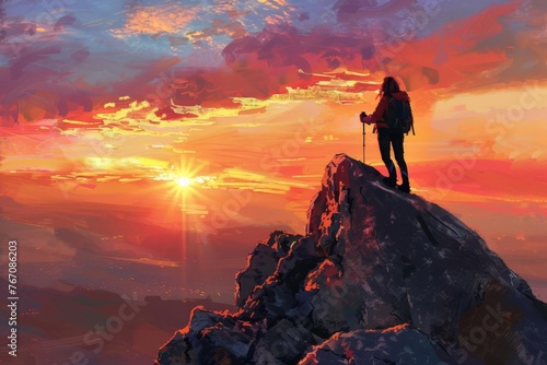 Female hiker conquers mountain summit, victorious sunrise greeting, empowering adventure landscape, digital painting