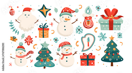 クリスマスのレトロな要素。グルーヴィーな 30 代のかわいいキャラクターを漫画します。休日のシンボル、新年のステッカー。ビンテージのサンタ クロースと面白い雪だるま、クリスマスの天使、マスコット ツリーとギフト。ベクトルを設定