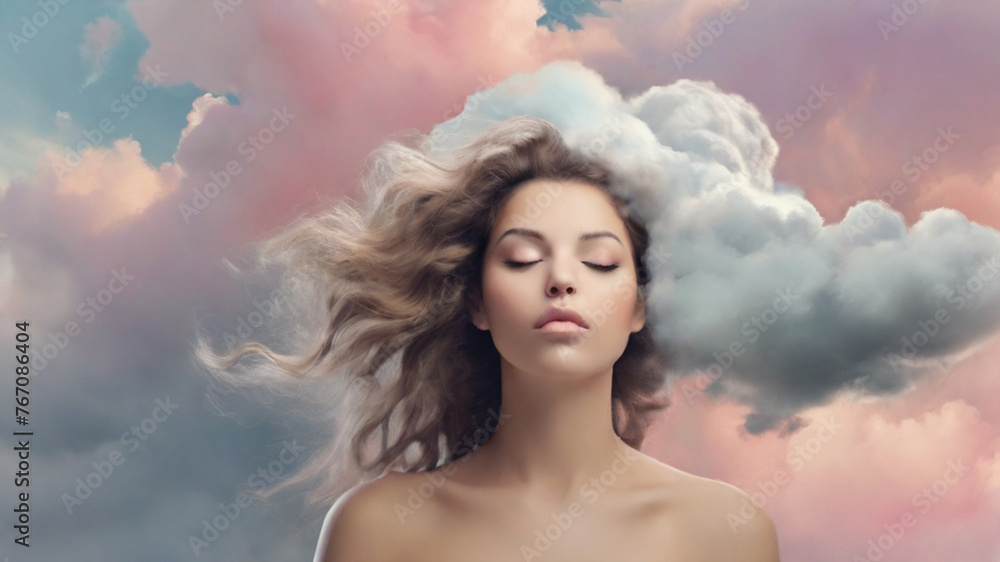 Portrait of young woman with head in the clouds Portrait of young woman with head in the clouds