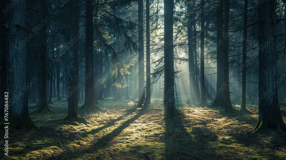 A mysterious forest at twilight, with tall pine trees casting long shadows, and a soft mist rising from the forest floor, creating an atmospheric and magical setting