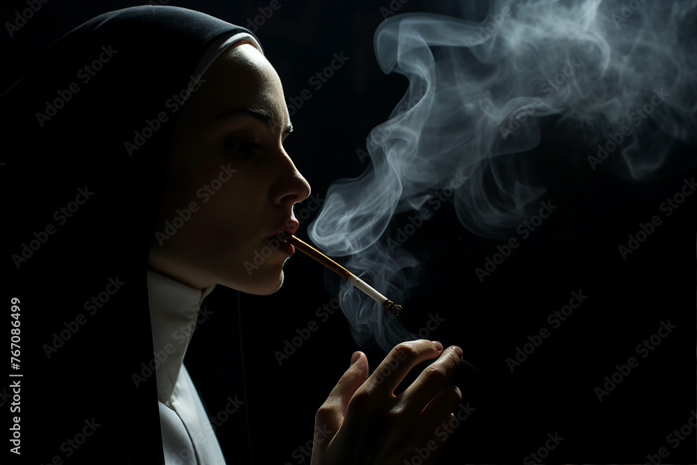 Fototapeta premium Generative AI picture of monastery sister nun praying God religious holiday smoking cigarette