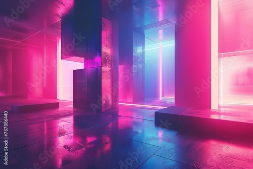 Futuristic Abstract Artwork with Geometric Shapes and Neon Colors, 3D Rendering © furyon