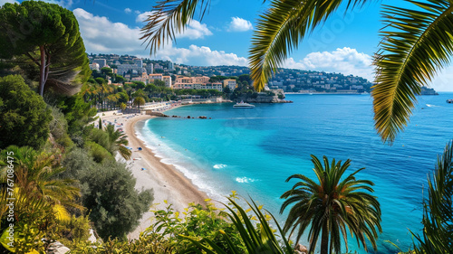 A scenic view of the French Riviera, with azure waters, sandy beaches, and palm-lined promenades, capturing the allure and beauty of the Mediterranean coastal culture