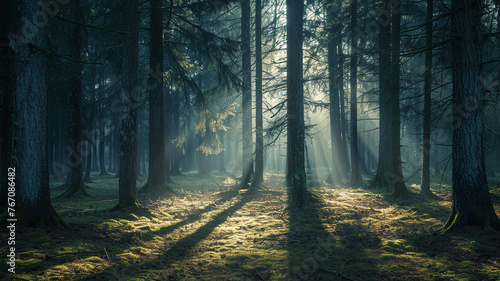 A mysterious forest at twilight  with tall pine trees casting long shadows  and a soft mist rising from the forest floor  creating an atmospheric and magical setting