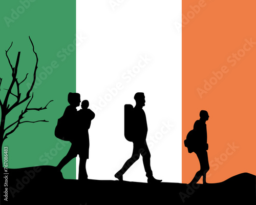 Immigration and refugees front of Ireland flag, immigrant and refugee concept