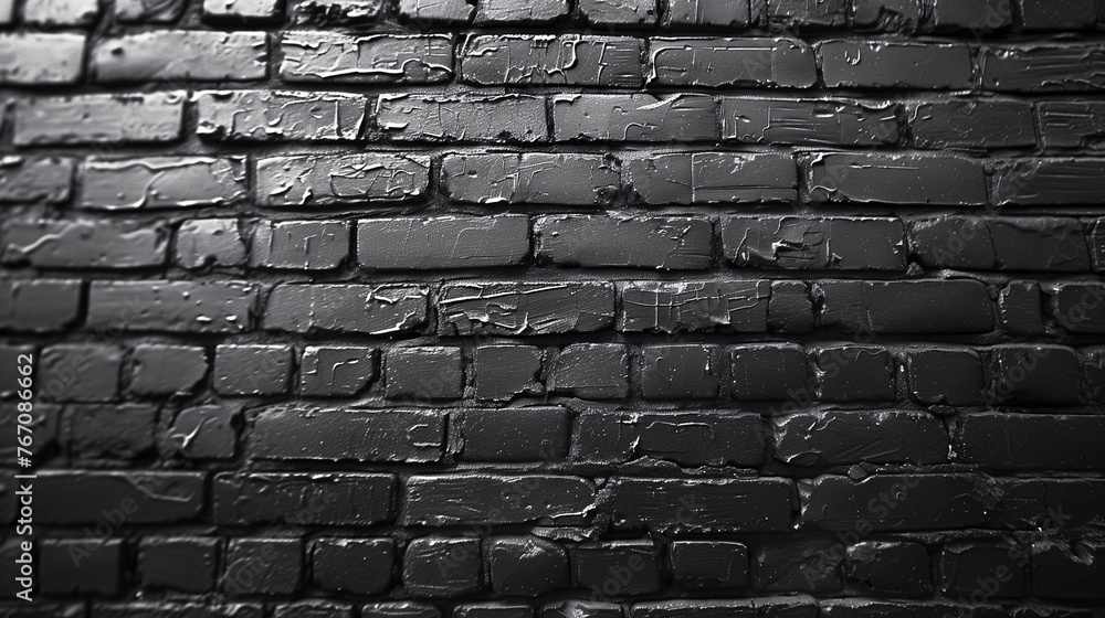 Monochrome texture of wet, glossy bricks with reflections, suitable for background or wallpaper.