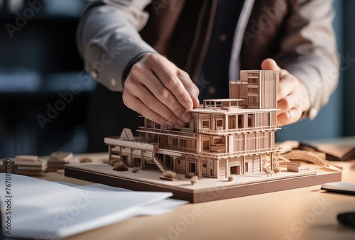 A male architect is working on an architectural model of her design. he uses natural materials such as wood or paper to create details. A closeup shot focuses on the architectural model