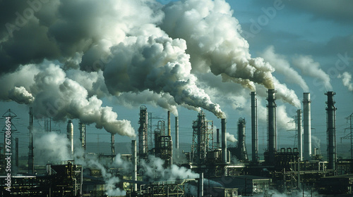 A factory belching out thick plumes of smoke into the atmosphere, contributing to global warming and air pollution. 32K.