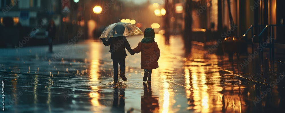 Walking under umbrella in rainy city street