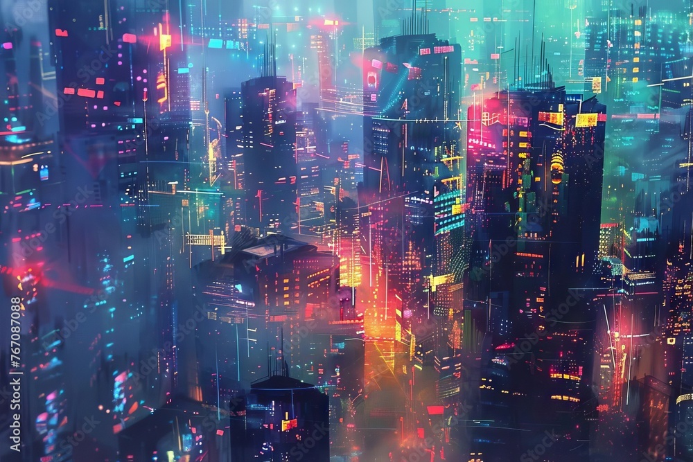 Futuristic cyberpunk city with glowing neon lights and dark atmosphere, digital painting
