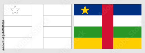 Central African Republic flag - coloring page. Set of white wireframe thin black outline flag and original colored flag.
