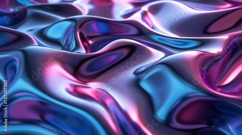 3D rendering of a wavy, iridescent surface. The surface is lit by a bright light, which creates a sense of depth and dimension. photo