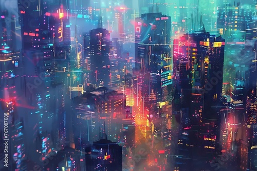 Futuristic cyberpunk city with glowing neon lights and dark atmosphere, digital painting