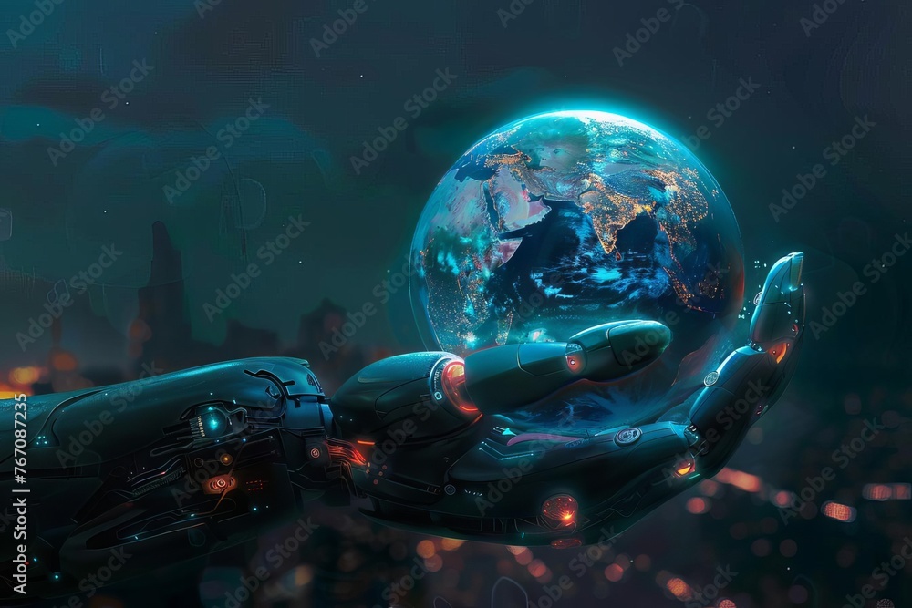 Futuristic Cyborg Hand Holding Holographic Planet Earth, Artificial Intelligence Concept, Digital Painting