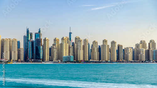 Photography Jumeirah Beach Residence as seen from the palm jumeirah with sea timelapse