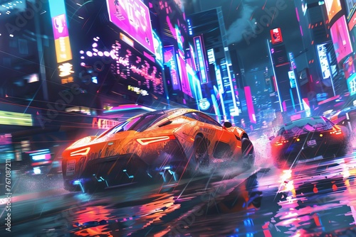 Futuristic Cyberpunk Street Racing Illustration with Neon-Lit Vehicles and Gritty Urban Backdrop © furyon