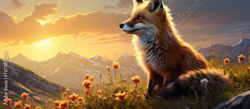 A carnivorous fox is happily sitting in a field of flowers amidst a natural landscape with mountains, grass, and a cloudy sky in the background © AkuAku
