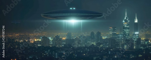 UFOs hovering above a modern city skyline