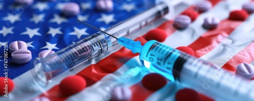 Syringe on American flag depicting health crisis © Juraj