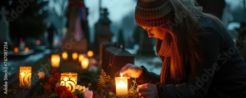 Woman face at a candlelit gravesite. banner © Juraj