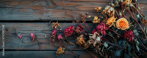 Withered roses on a rustic table © Juraj