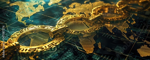 Blockchain network concept with Bitcoin coins © Juraj