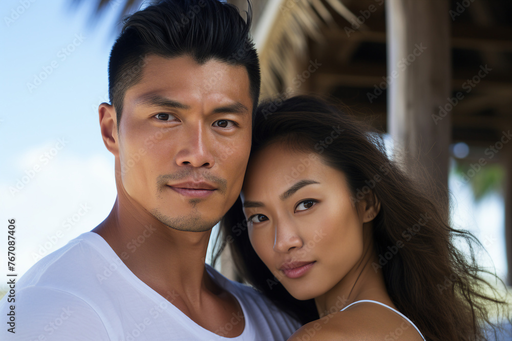 Generative AI photo of a cute beautiful sweet couple enjoying a honeymoon vacation at the beach Generative AI photo of a cute beautiful sweet couple enjoying a honeymoon vacation at the beach