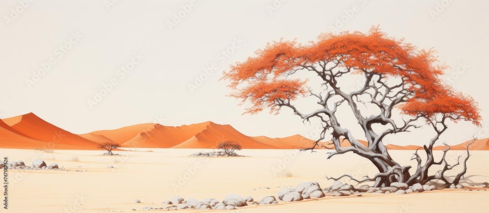 A lone tree stands amidst the desert with majestic mountains in the background. The landscape is a stunning natural art, contrasting the sky and sand with greenery