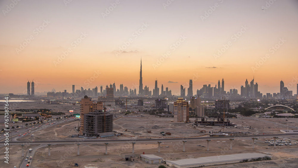 Skyline of Downtown Dubai day to night timelapse.