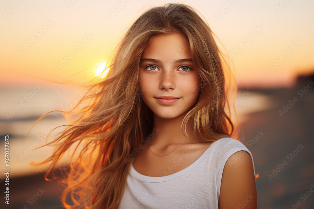 Generative AI portrait of happy charming girl summer vacation sunset on tropical beach