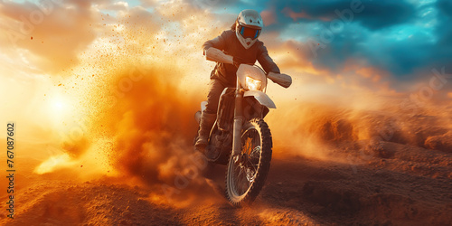 male racer motorcyclists on a sport enduro motorcycle races on dusty desert at sunset in summer © alexkoral