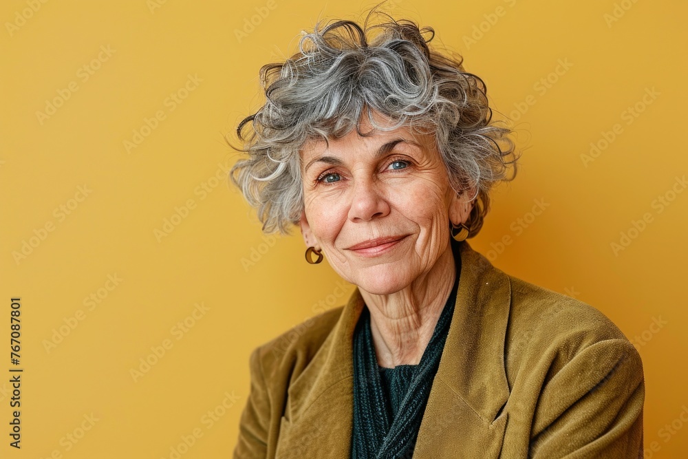 Portrait of a happy senior woman smiling at the camera against yellow background Portrait of a happy senior woman smiling at the camera against yellow background