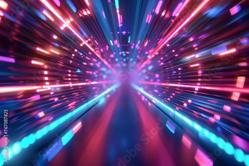 Futuristic tunnel with neon lights and high-speed motion blur, digital illustration