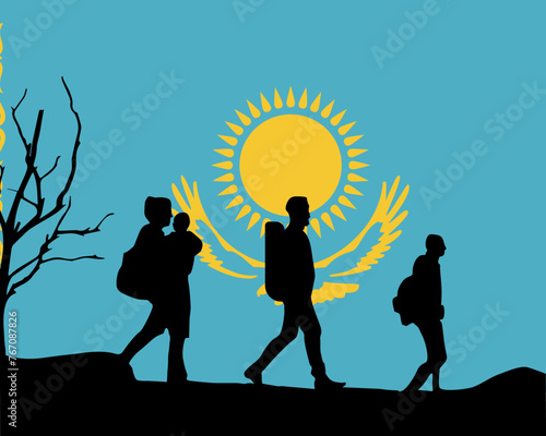 Immigration and refugees front of Kazakhstan flag, immigrant and refugee concept