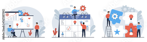 Strategic planning mega set. Bundle of scenes people analyze data statistics, create development plan, improving strategy, create new ideas and promote them. Vector illustrations	