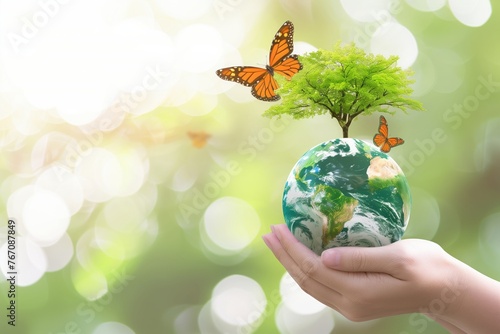 Hand holding tree and globe on white background for World environment day concept
